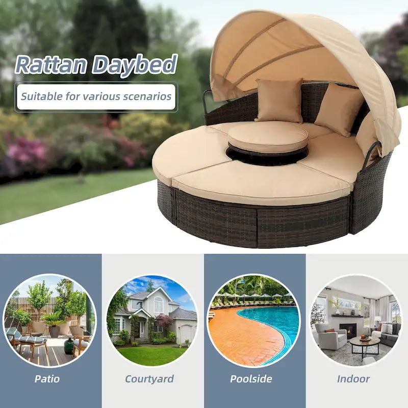 HOMEFUN Divano sezionale imbottito da esterno in rattan/vimini rettangolare/rotondo con tettuccio retrattile