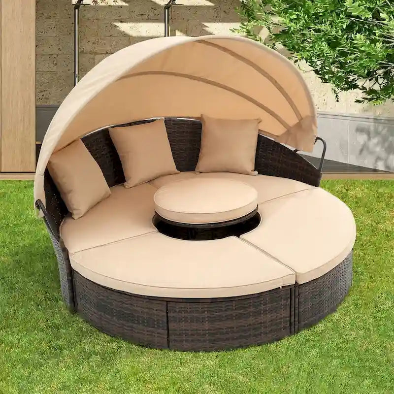 HOMEFUN Divano sezionale imbottito da esterno in rattan/vimini rettangolare/rotondo con tettuccio retrattile