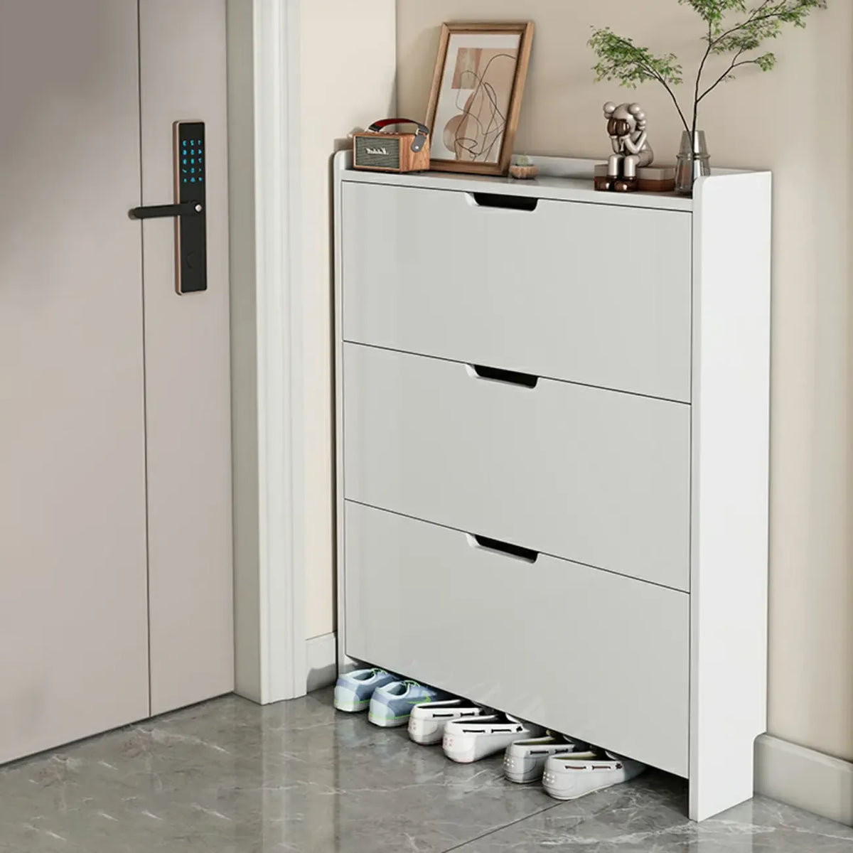 Cassettiera portascarpe a 3 ripiani in legno bianco con anta a ribalta