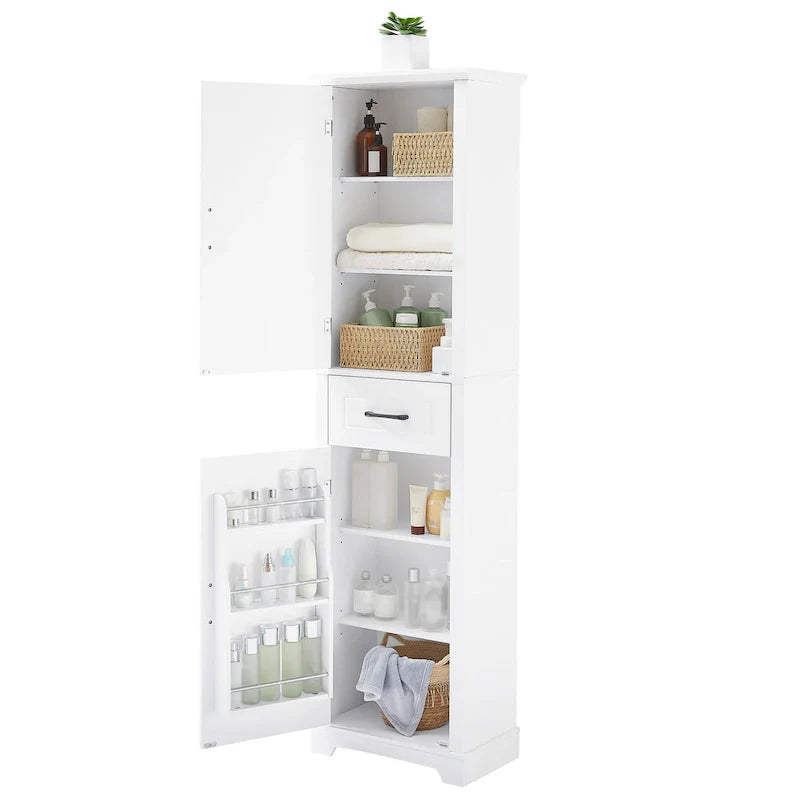 Mobile bagno da terra con 2 ante, ripiani regolabili e scomparti sulla porta, organizer alto per bagno