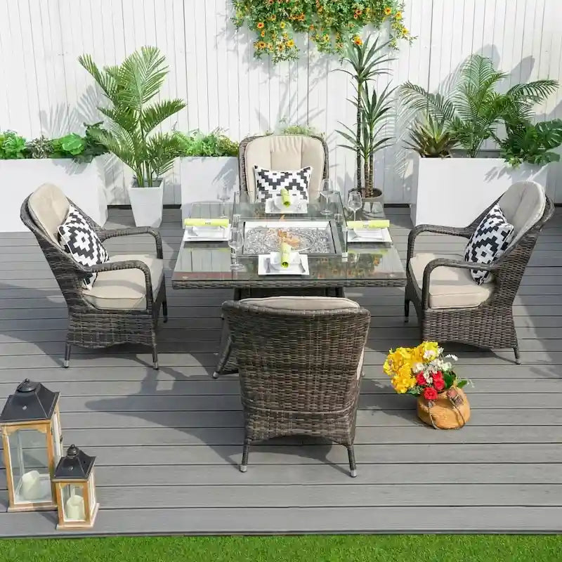 Abrihome - Set da pranzo da esterno in 5 pezzi in vimini marrone scuro con tavolo quadrato in rattan con braciere a gas