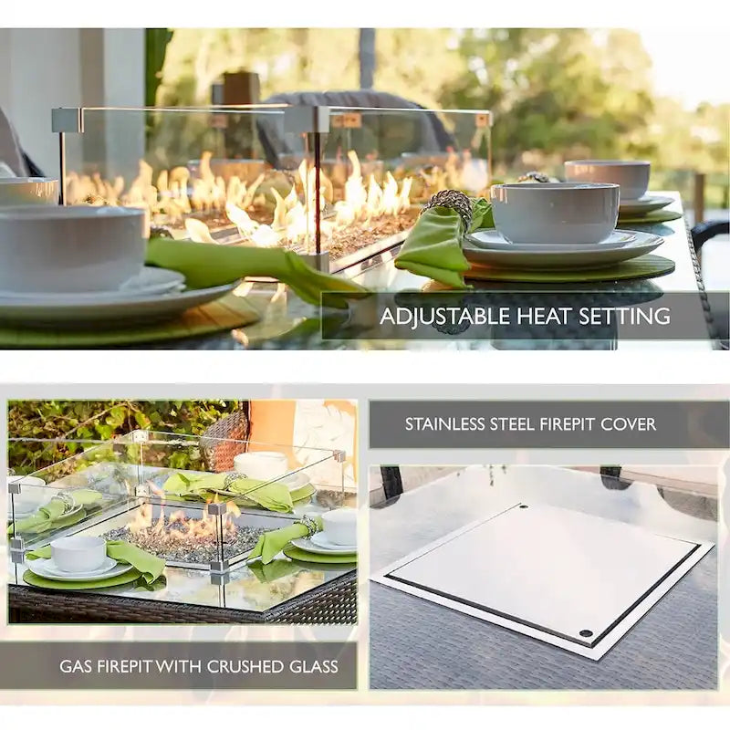 Abrihome - Set da pranzo da esterno in 5 pezzi in vimini marrone scuro con tavolo quadrato in rattan con braciere a gas