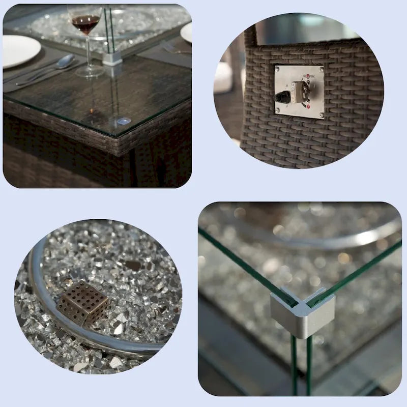 Abrihome Outdoor Salon de salle à manger 5 pièces en osier marron foncé avec table de foyer au gaz en rotin carré