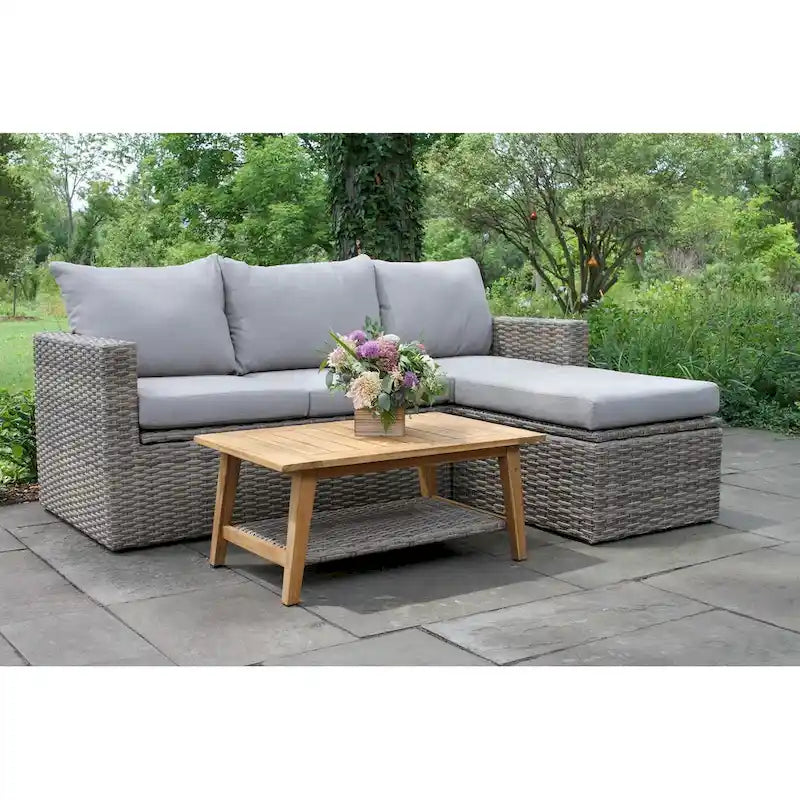 Divano componibile Samera 3 pz. in teak e vimini con pouf contenitore