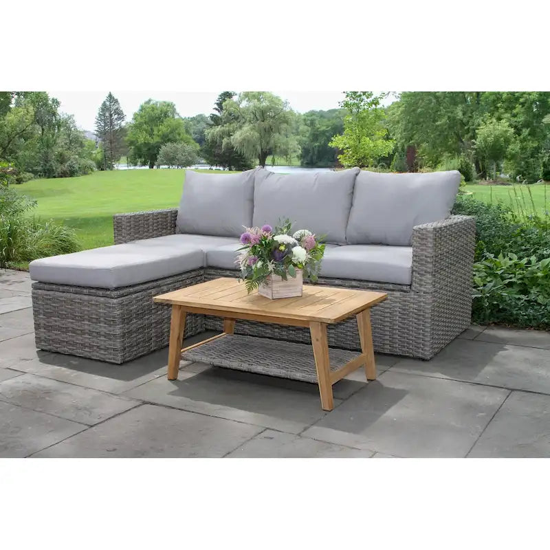 Divano componibile Samera 3 pz. in teak e vimini con pouf contenitore
