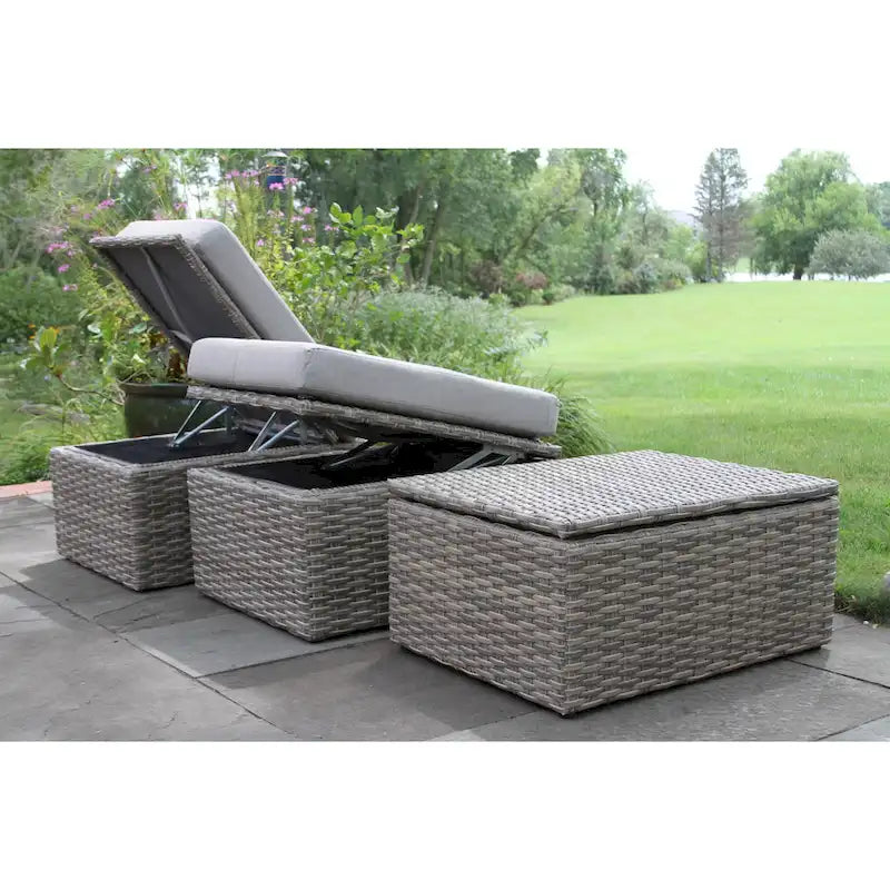 Divano componibile Samera 3 pz. in teak e vimini con pouf contenitore