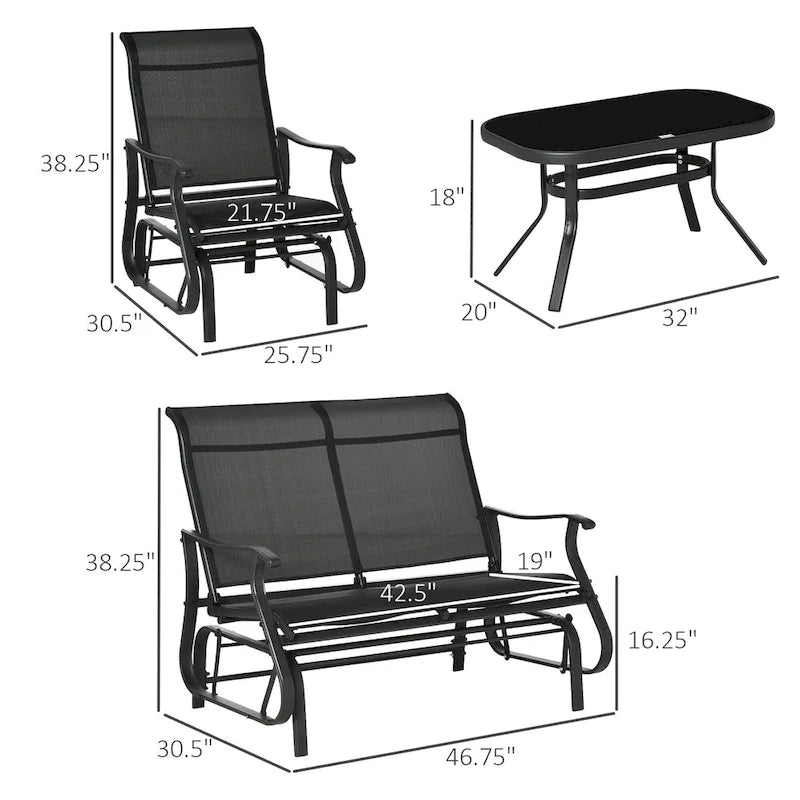 Set da Giardino Outsunny 4 Pezzi, Set di Mobili da Esterno con Panchina a Dondolo a 2 Posti, Sedia Sospesa Singola e Tavolino da Caffè