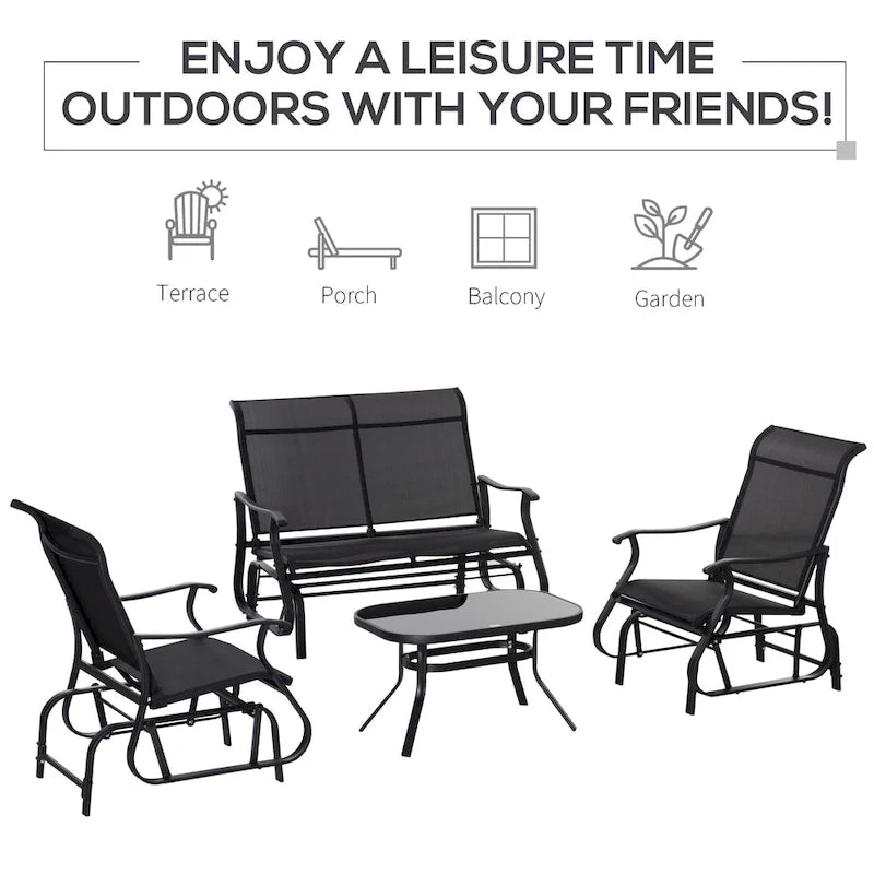 Set da Giardino Outsunny 4 Pezzi, Set di Mobili da Esterno con Panchina a Dondolo a 2 Posti, Sedia Sospesa Singola e Tavolino da Caffè