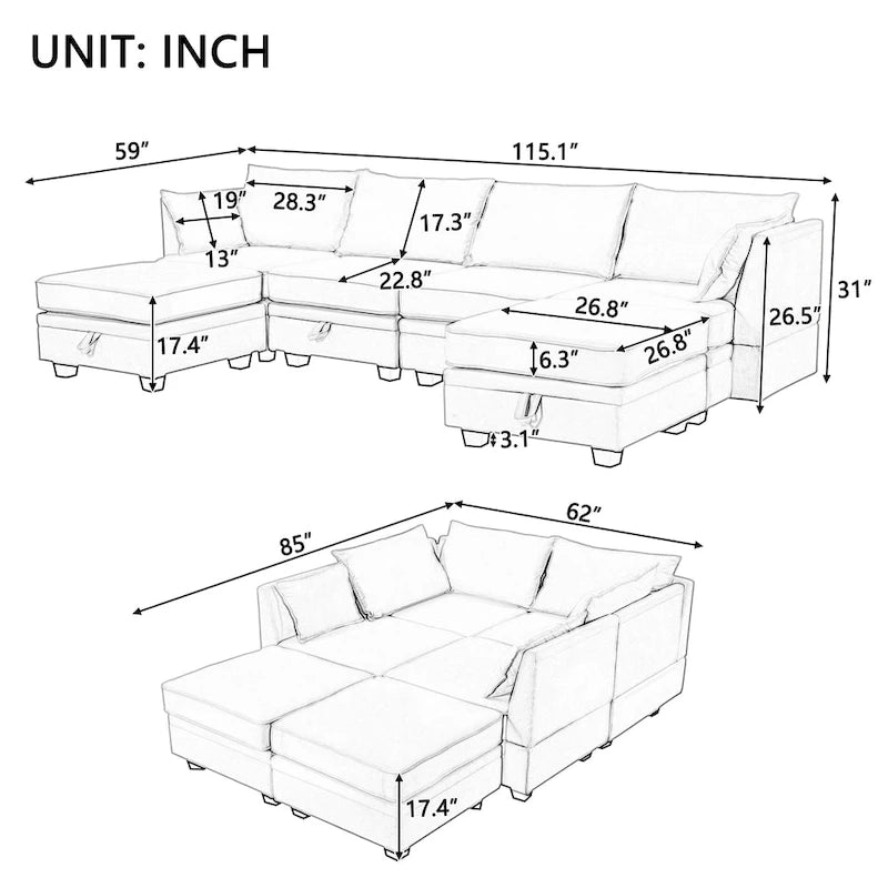 Divano letto convertibile con chaise longue reversibile per soggiorno