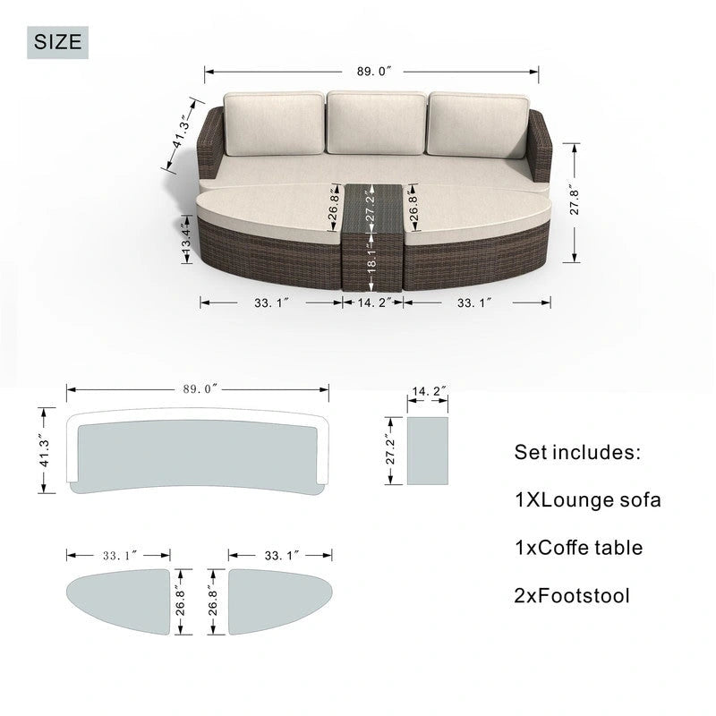 Set da esterno 9 pezzi con divano letto in vimini e tavolo braciere in cemento