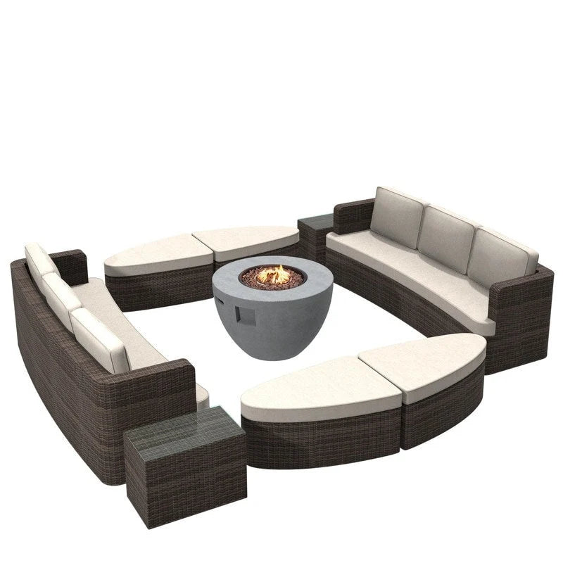 Set da esterno 9 pezzi con divano letto in vimini e tavolo braciere in cemento
