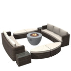 Set da esterno 9 pezzi con divano letto in vimini e tavolo braciere in cemento