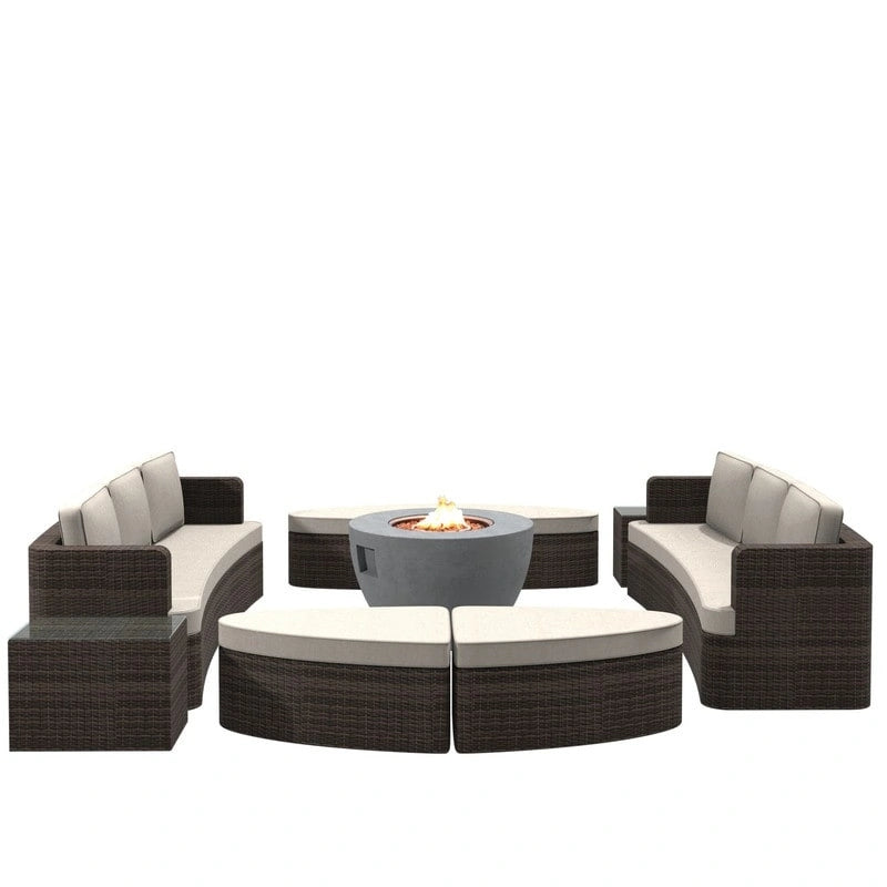 Set da esterno 9 pezzi con divano letto in vimini e tavolo braciere in cemento