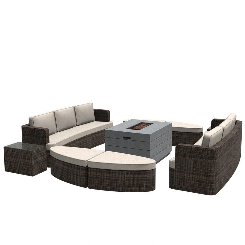 Set da esterno 9 pezzi con divano letto in vimini e tavolo braciere in cemento