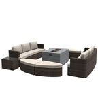 Set da esterno 9 pezzi con divano letto in vimini e tavolo braciere in cemento