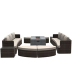 Set da esterno 9 pezzi con divano letto in vimini e tavolo braciere in cemento
