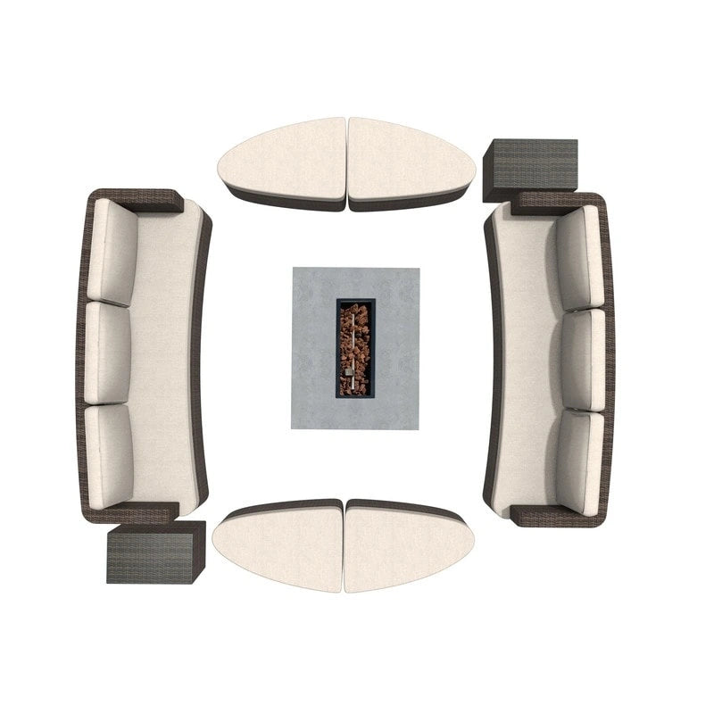 Set da esterno 9 pezzi con divano letto in vimini e tavolo braciere in cemento