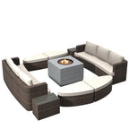 Set da esterno 9 pezzi con divano letto in vimini e tavolo braciere in cemento