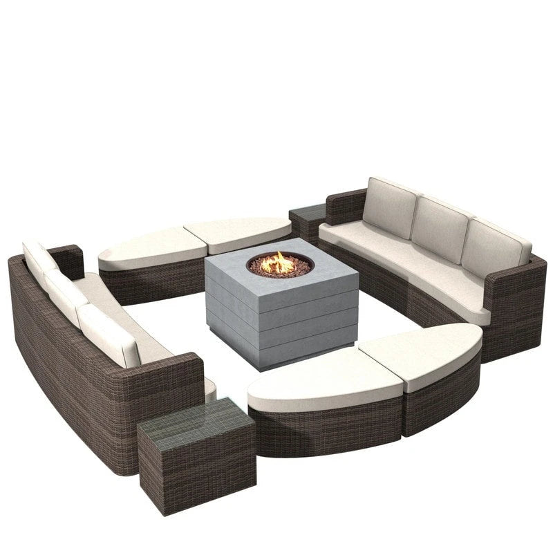 Set da esterno 9 pezzi con divano letto in vimini e tavolo braciere in cemento