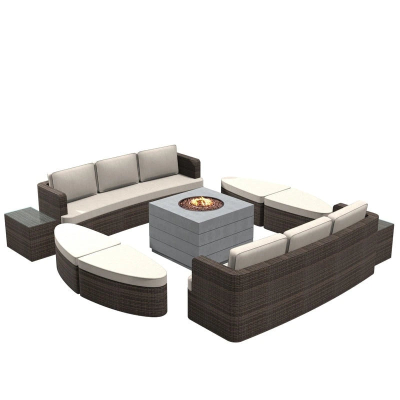 Set da esterno 9 pezzi con divano letto in vimini e tavolo braciere in cemento