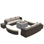 Set da esterno 9 pezzi con divano letto in vimini e tavolo braciere in cemento