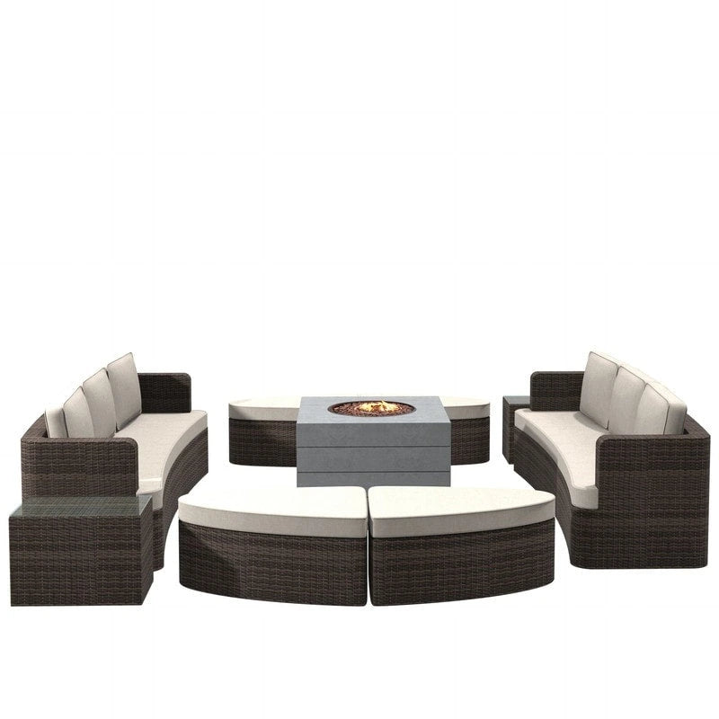 Set da esterno 9 pezzi con divano letto in vimini e tavolo braciere in cemento