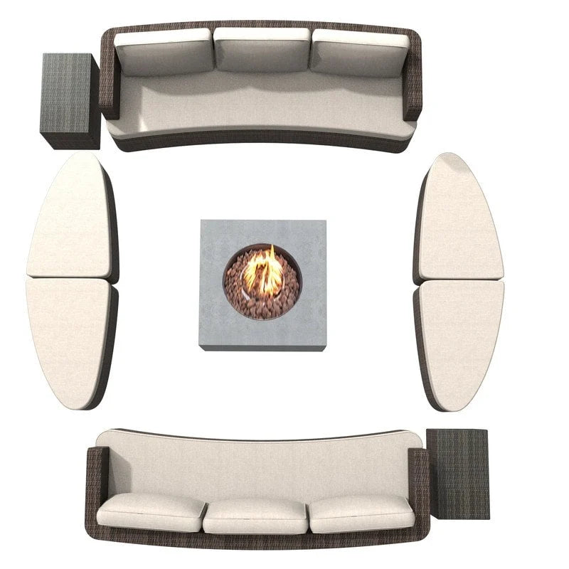Set da esterno 9 pezzi con divano letto in vimini e tavolo braciere in cemento