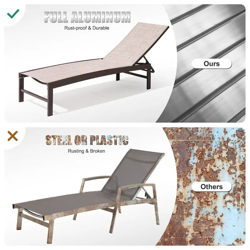 Set 3 pezzi per esterni con sedie a sdraio regolabili in alluminio e tavolino