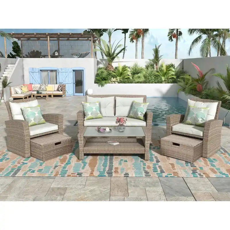 Set di mobili da giardino, salotto da esterno a 4 pezzi in vimini sintetico resistente alle intemperie con pouf e cuscini