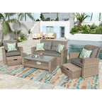 Set di mobili da giardino, salotto da esterno a 4 pezzi in vimini sintetico resistente alle intemperie con pouf e cuscini