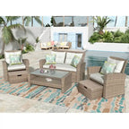 Set di mobili da giardino, salotto da esterno a 4 pezzi in vimini sintetico resistente alle intemperie con pouf e cuscini
