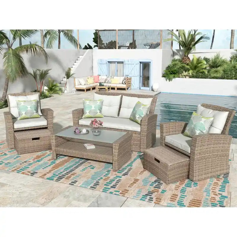 Set di mobili da giardino, salotto da esterno a 4 pezzi in vimini sintetico resistente alle intemperie con pouf e cuscini