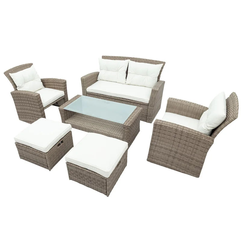 Set di mobili da giardino, salotto da esterno a 4 pezzi in vimini sintetico resistente alle intemperie con pouf e cuscini
