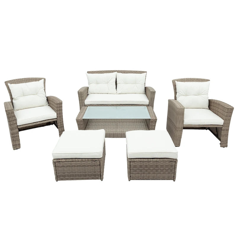 Set di mobili da giardino, salotto da esterno a 4 pezzi in vimini sintetico resistente alle intemperie con pouf e cuscini