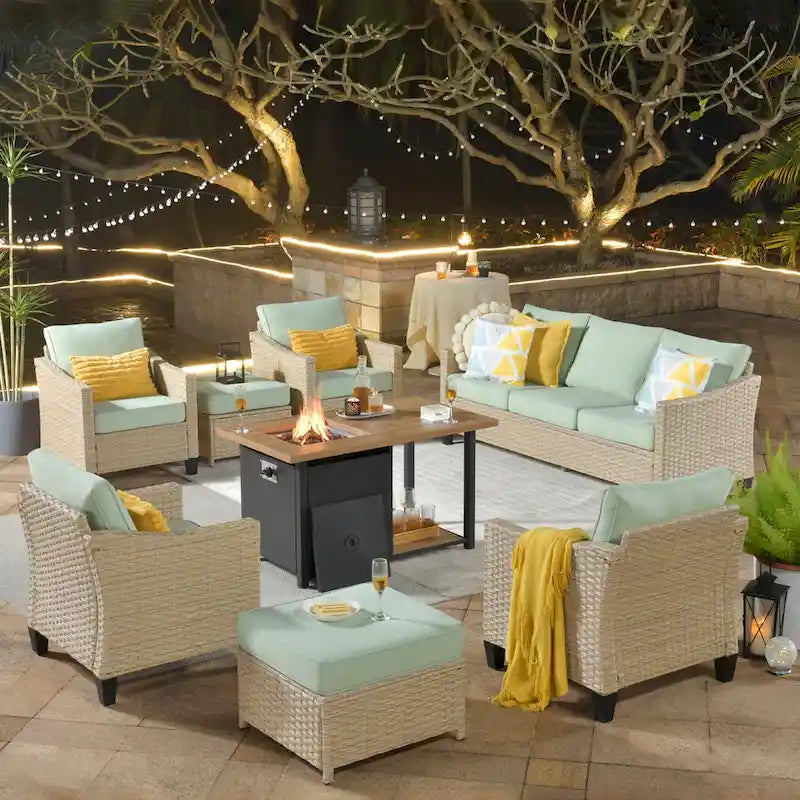 HOOOWOOO Set da conversazione da esterno in rattan e vimini da 8 pezzi con tavolo multifunzionale con braciere