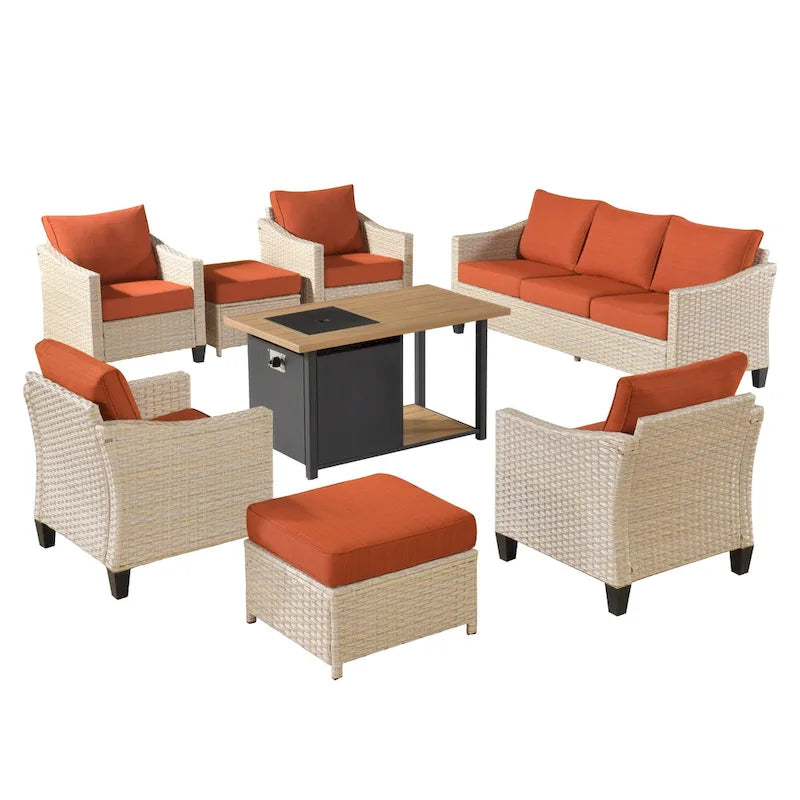 HOOOWOOO Set da conversazione da esterno in rattan e vimini da 8 pezzi con tavolo multifunzionale con braciere
