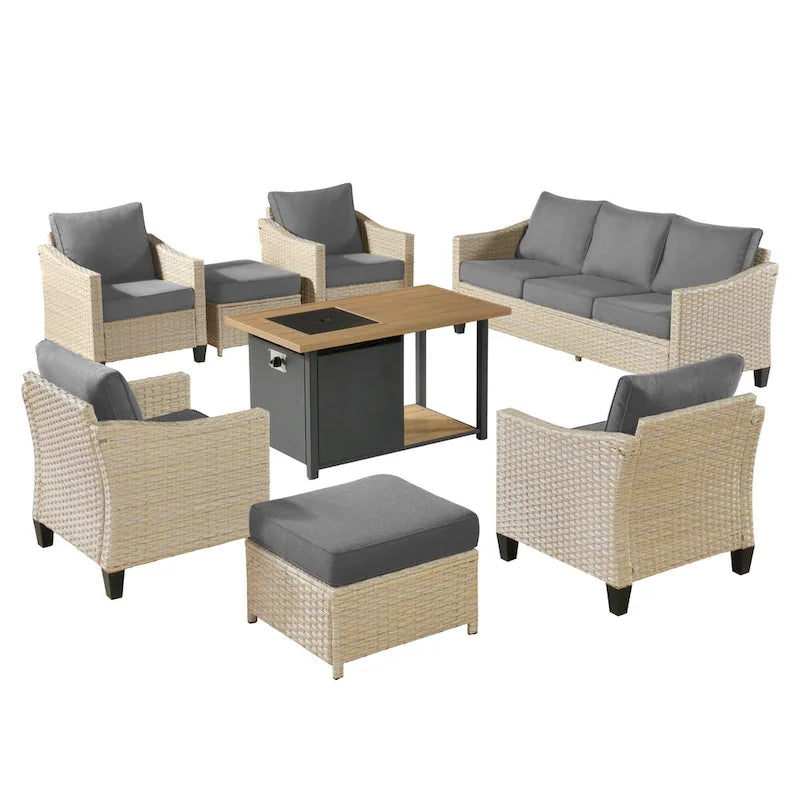 HOOOWOOO Set da conversazione da esterno in rattan e vimini da 8 pezzi con tavolo multifunzionale con braciere
