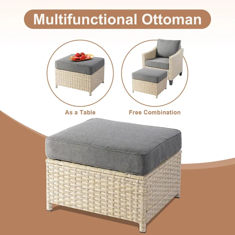 HOOOWOOO Set da conversazione da esterno in rattan e vimini da 8 pezzi con tavolo multifunzionale con braciere