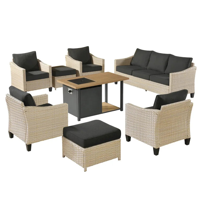 HOOOWOOO Set da conversazione da esterno in rattan e vimini da 8 pezzi con tavolo multifunzionale con braciere