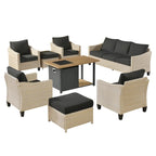 HOOOWOOO Set da conversazione da esterno in rattan e vimini da 8 pezzi con tavolo multifunzionale con braciere