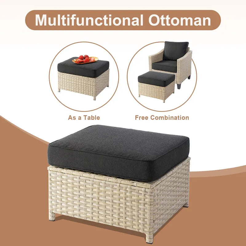 HOOOWOOO Set da conversazione da esterno in rattan e vimini da 8 pezzi con tavolo multifunzionale con braciere