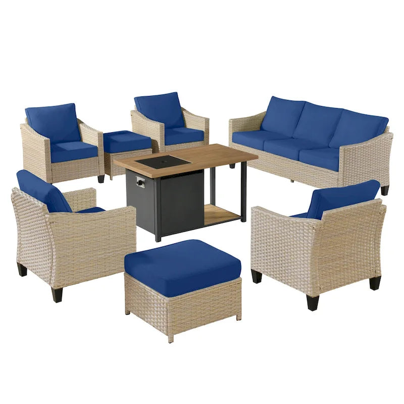 HOOOWOOO Set da conversazione da esterno in rattan e vimini da 8 pezzi con tavolo multifunzionale con braciere