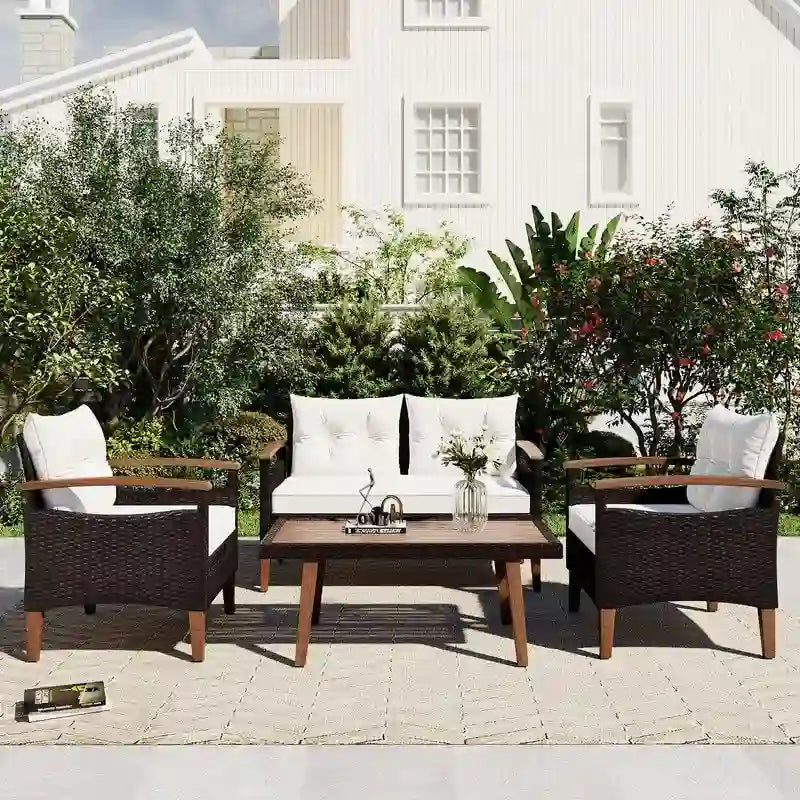 Set di mobili da giardino da 4 pezzi, set di sedute da patio, set divano da esterno in rattan PE