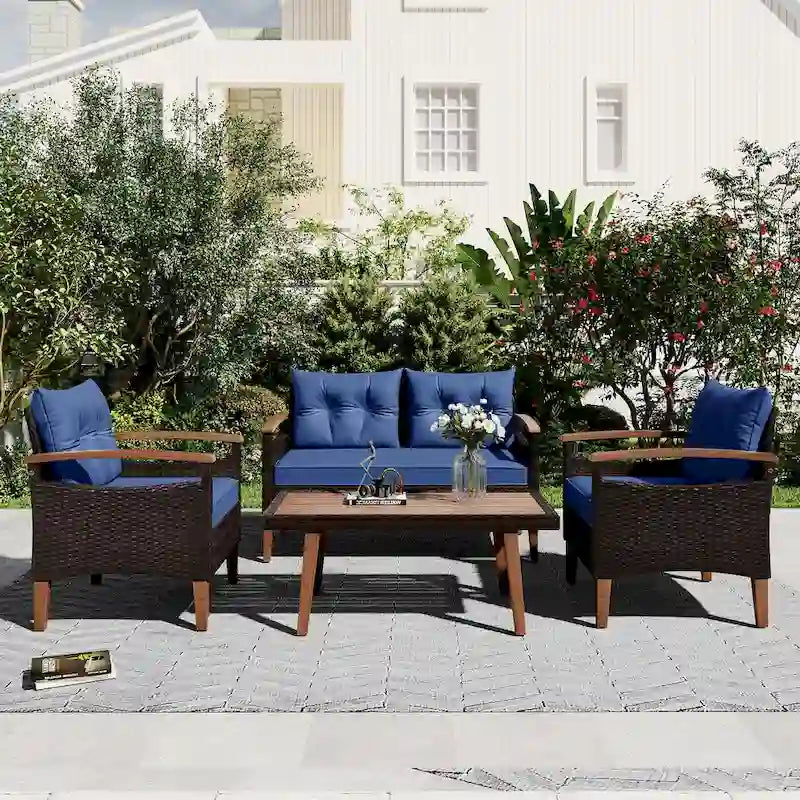 Set di mobili da giardino da 4 pezzi, set di sedute da patio, set divano da esterno in rattan PE