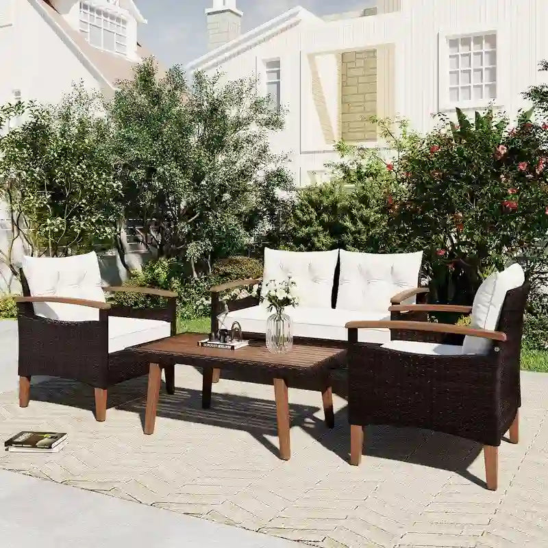 Set di mobili da giardino da 4 pezzi, set di sedute da patio, set divano da esterno in rattan PE