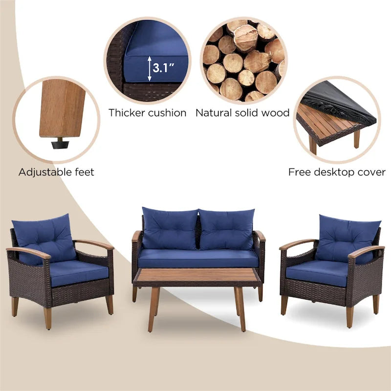 Set di mobili da giardino da 4 pezzi, set di sedute da patio, set divano da esterno in rattan PE