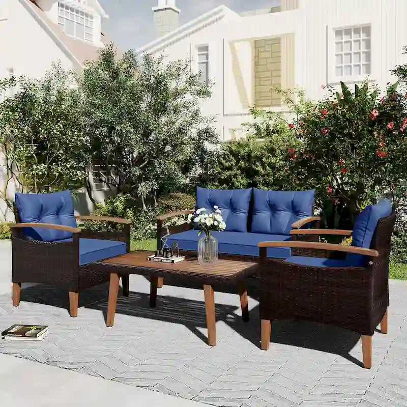 Set di mobili da giardino da 4 pezzi, set di sedute da patio, set divano da esterno in rattan PE
