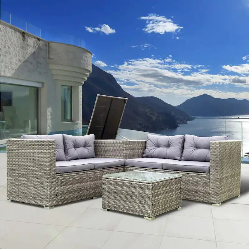 Set Divano Sezionale da Esterno in Rattan Sintetico a 4 Pezzi con Contenitore
