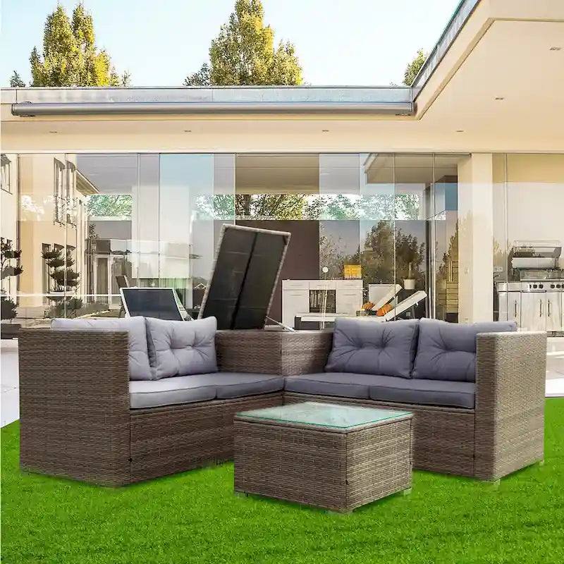 Set Divano Sezionale da Esterno in Rattan Sintetico a 4 Pezzi con Contenitore
