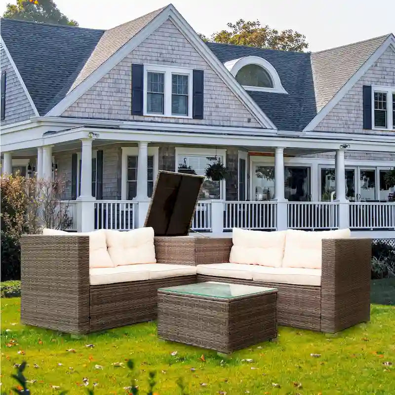 Set Divano Sezionale da Esterno in Rattan Sintetico a 4 Pezzi con Contenitore